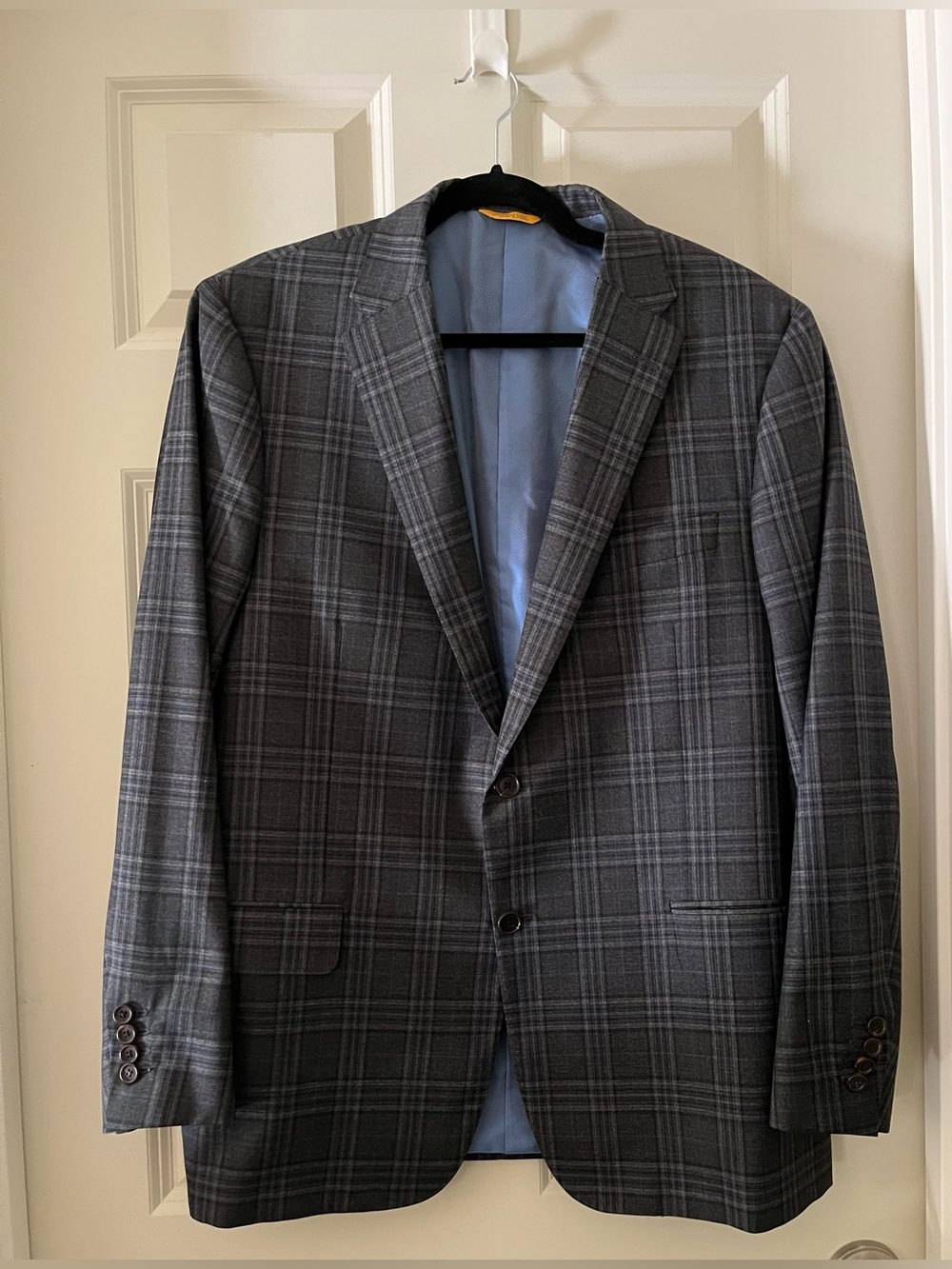 Men’s Hickey Freeman Beacon Gray Blue Plaid Wool Sport Coat Blazer 44R USA Made